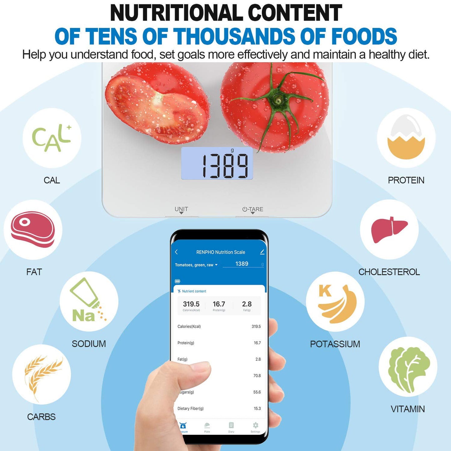 RENPHO SmartGlass Bluetooth Food Scale: Digital Kitchen Scale with App Connectivity, Sleek White Design