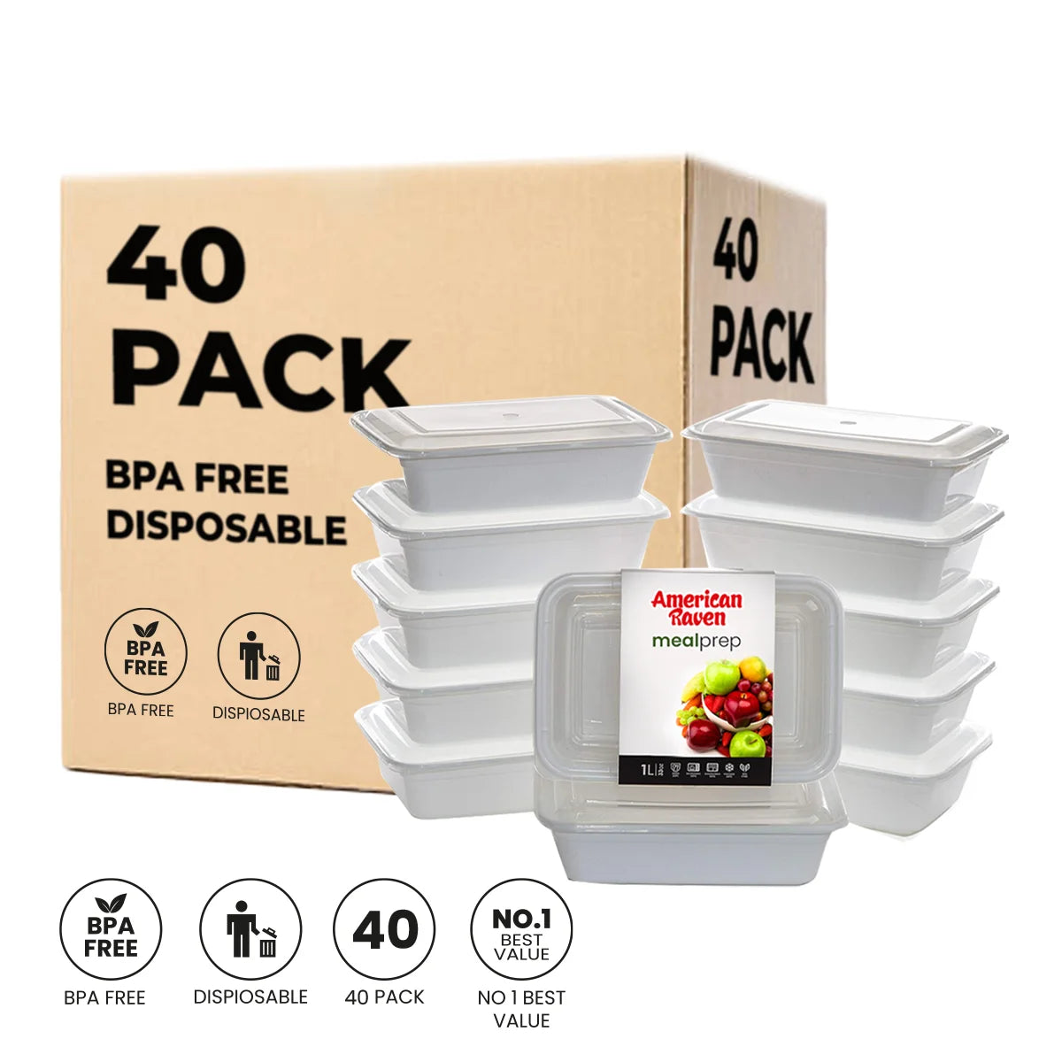 40 Pack Reusable Meal Prep Containers Microwave Safe Food Storage Containers with Lids, 24 Oz -1 Compartment Take Out Disposable to Go Plastic Bento Lunch Box BPA Free