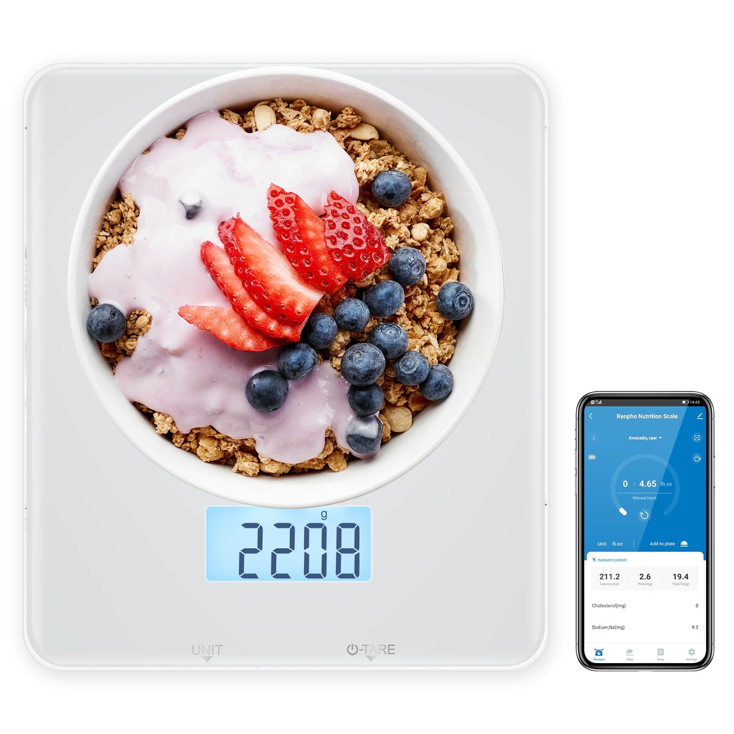 RENPHO SmartGlass Bluetooth Food Scale: Digital Kitchen Scale with App Connectivity, Sleek White Design