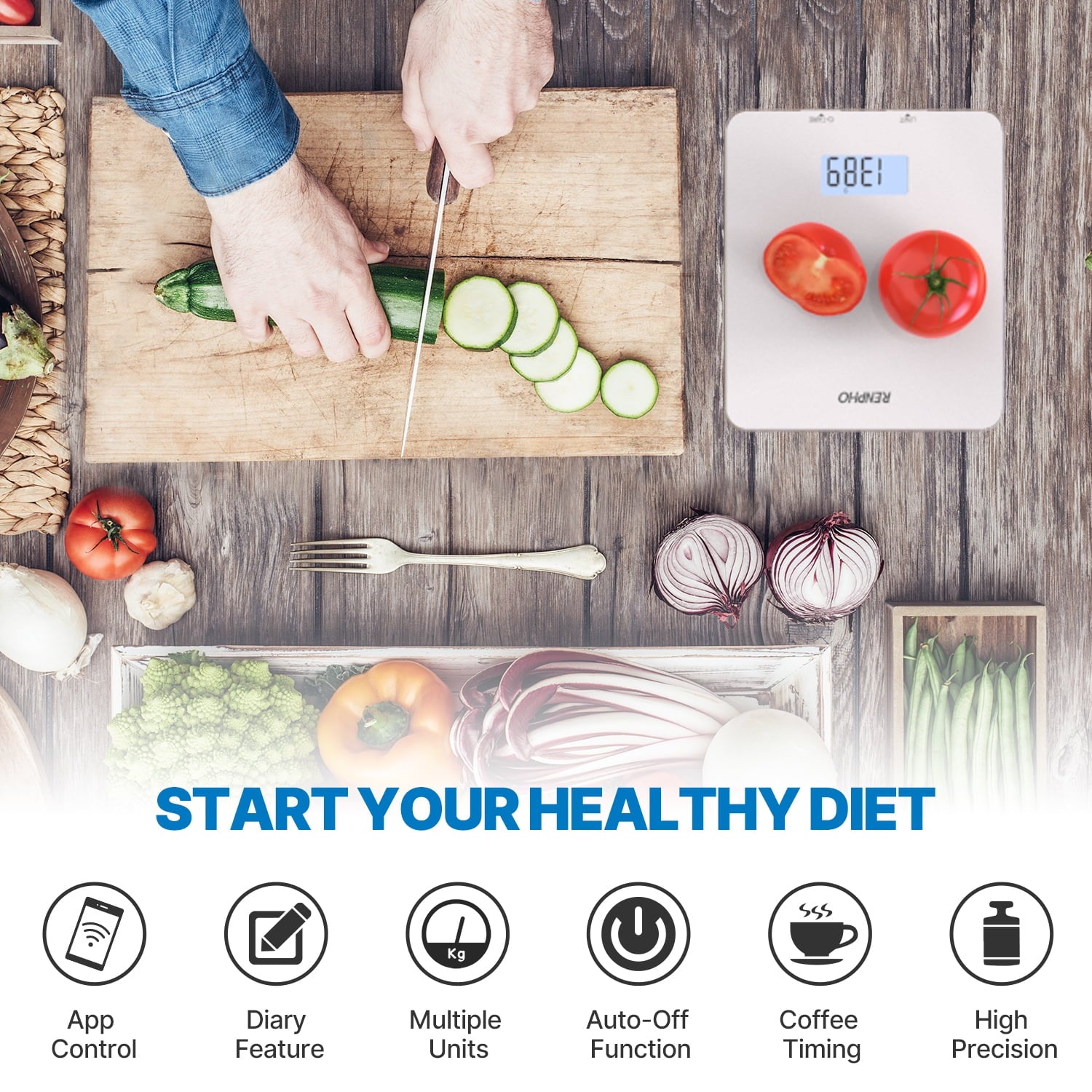 RENPHO SmartGlass Bluetooth Food Scale: Digital Kitchen Scale with App Connectivity, Sleek White Design